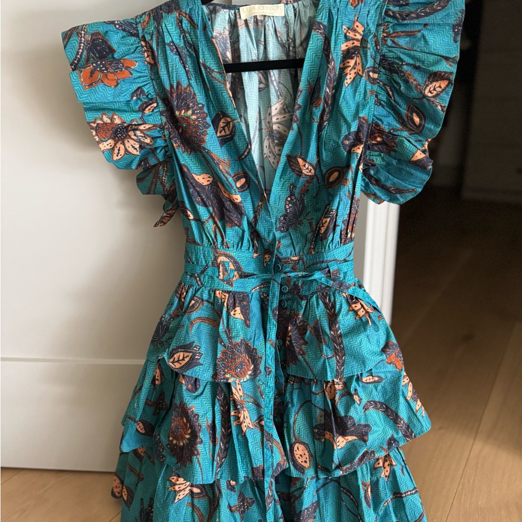 Ulla Johnson Teal And Coral Floral Ruffle Mini Dress